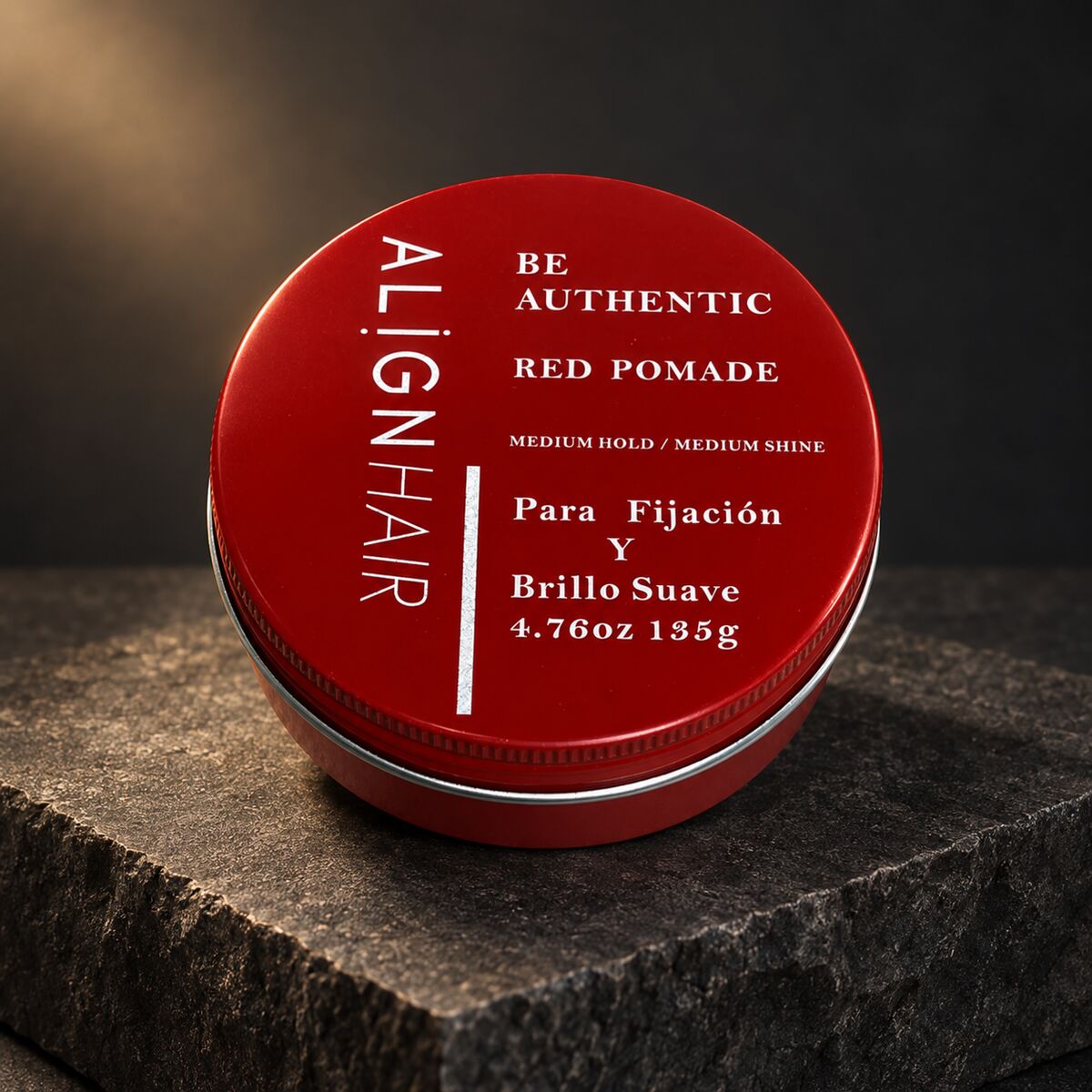 The red ALIGNHAIR pomade tin